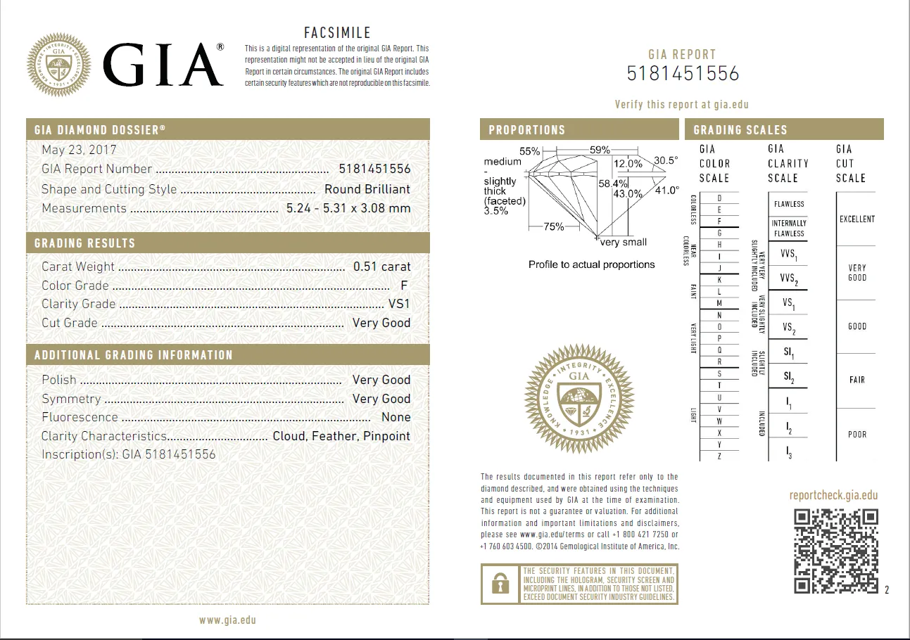 0.51 Carat Loose F/ VS1 Round Brilliant Cut Diamond GIA Certified