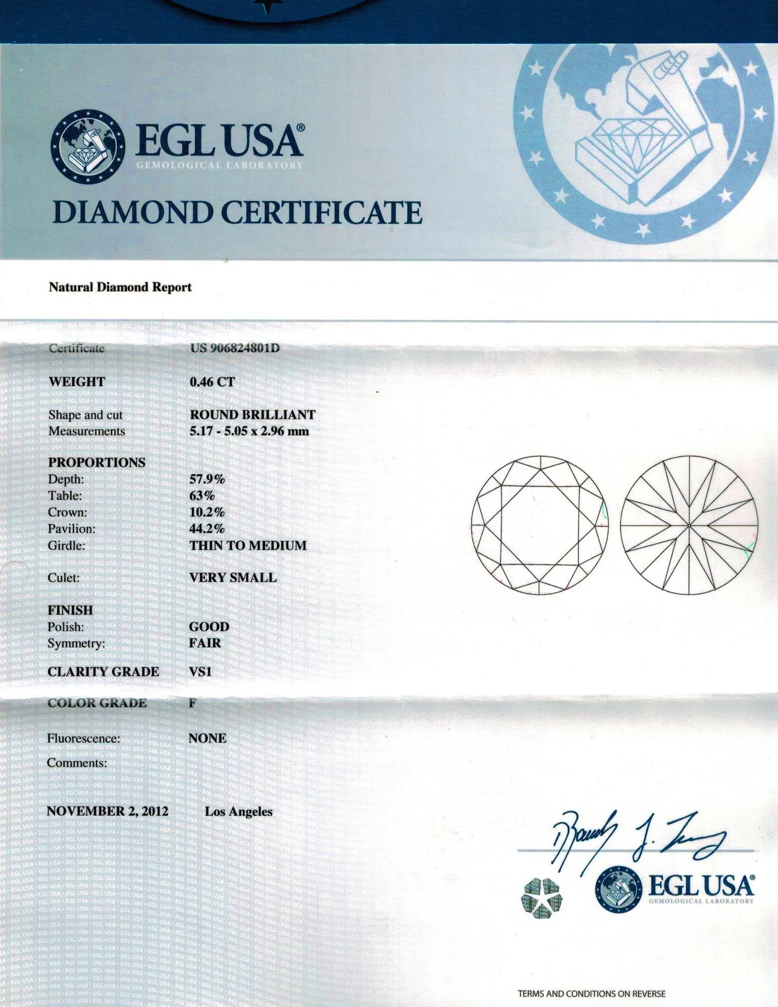 0.91ct F-SI2 Round Brilliant Cut Round Diamond