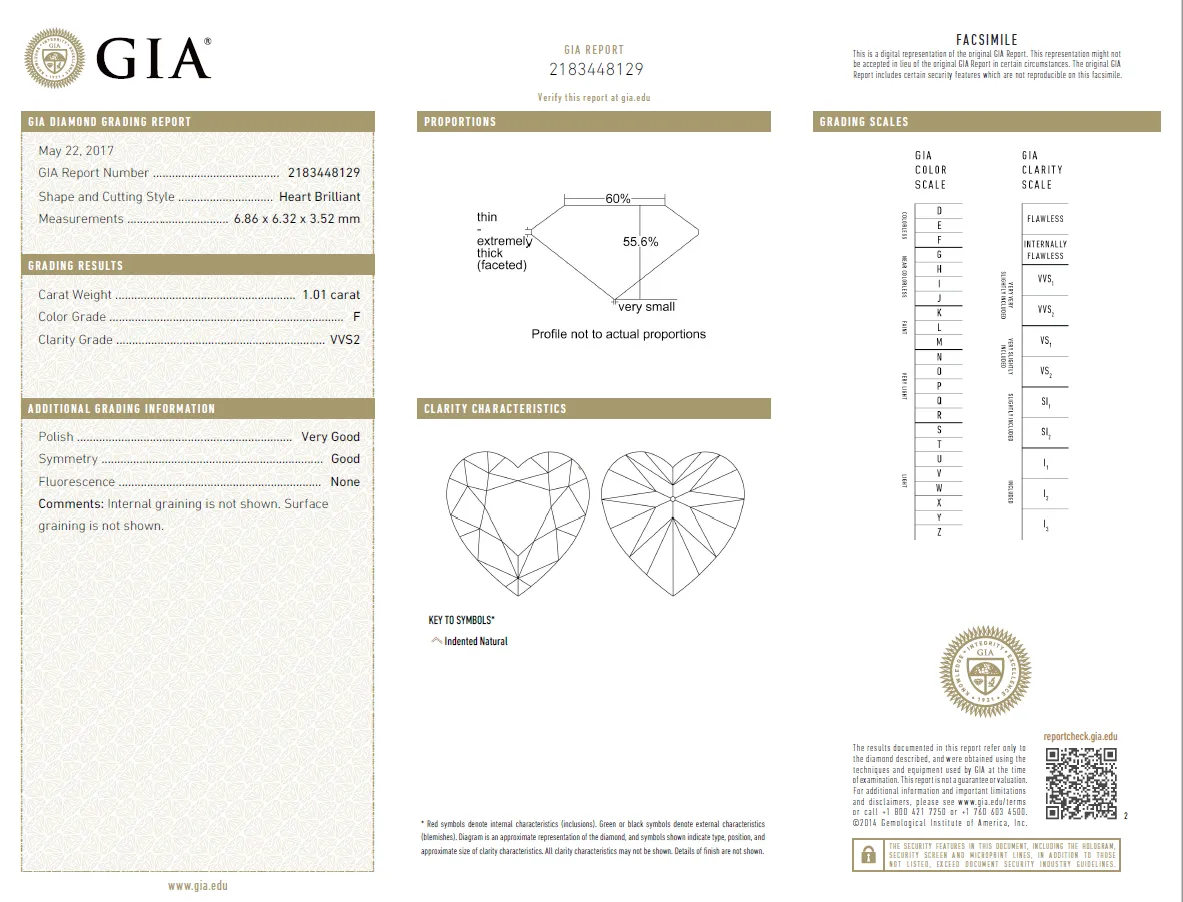 1.01 Carat Loose F / VVS2 Heart Shaped Cut Diamond GIA Certified
