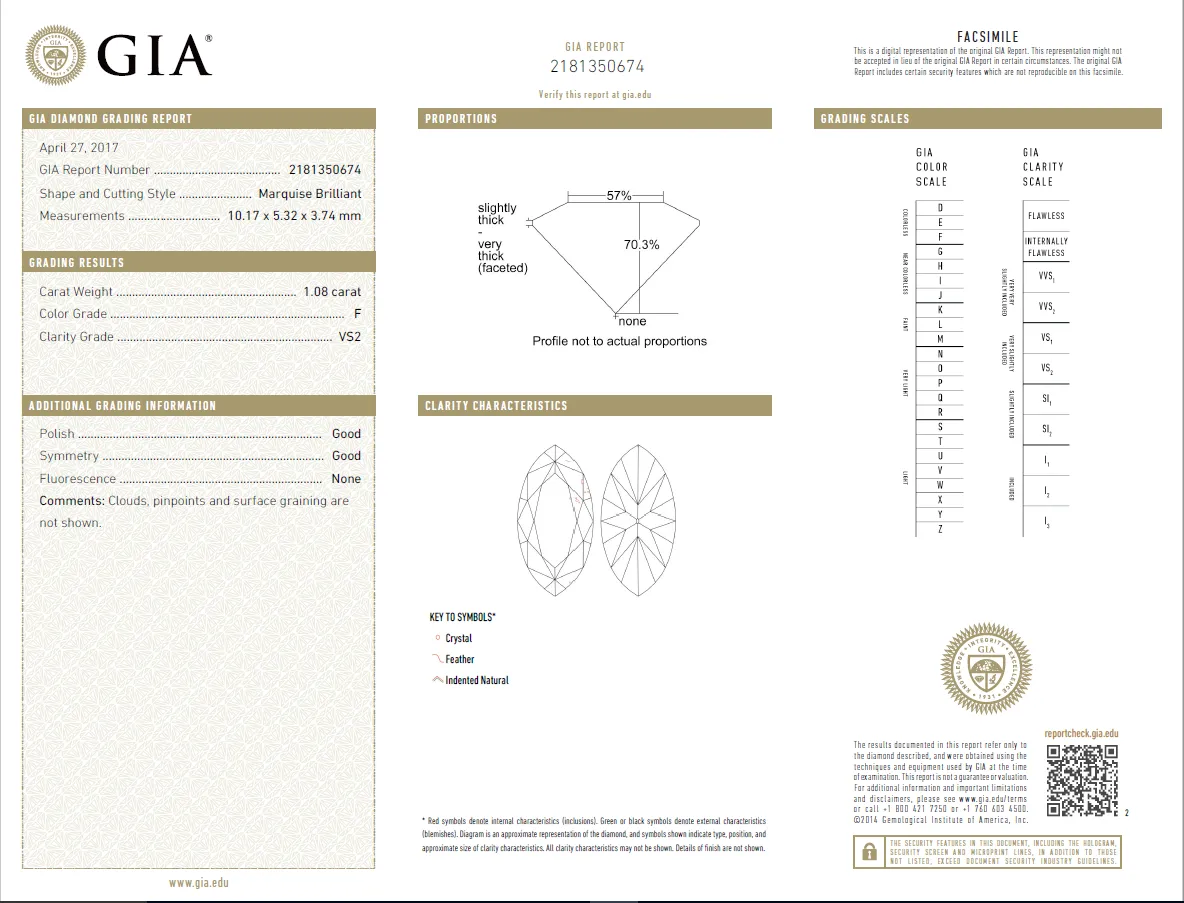 1.08 Carat Loose F / VS2 Marquise Brilliant Cut Diamond GIA Certified