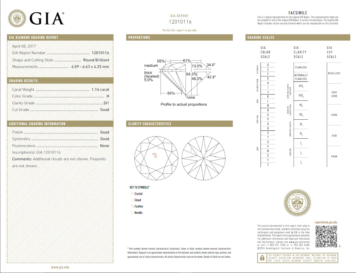 1.14 Carat Loose H/ SI1 Round Brilliant Cut Diamond GIA Certified
