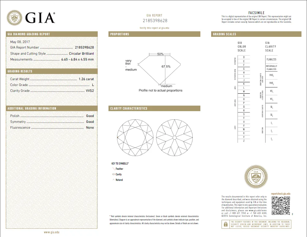 1.26 Carat Loose L / VVS2 Circular Brilliant Cut Diamond GIA Certified