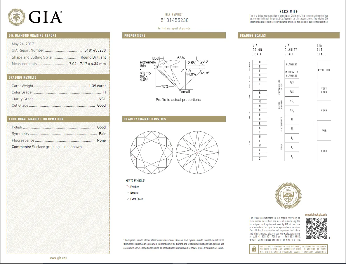 1.39 Carat Loose H / VS1 Round Brilliant Cut Diamond GIA Certified
