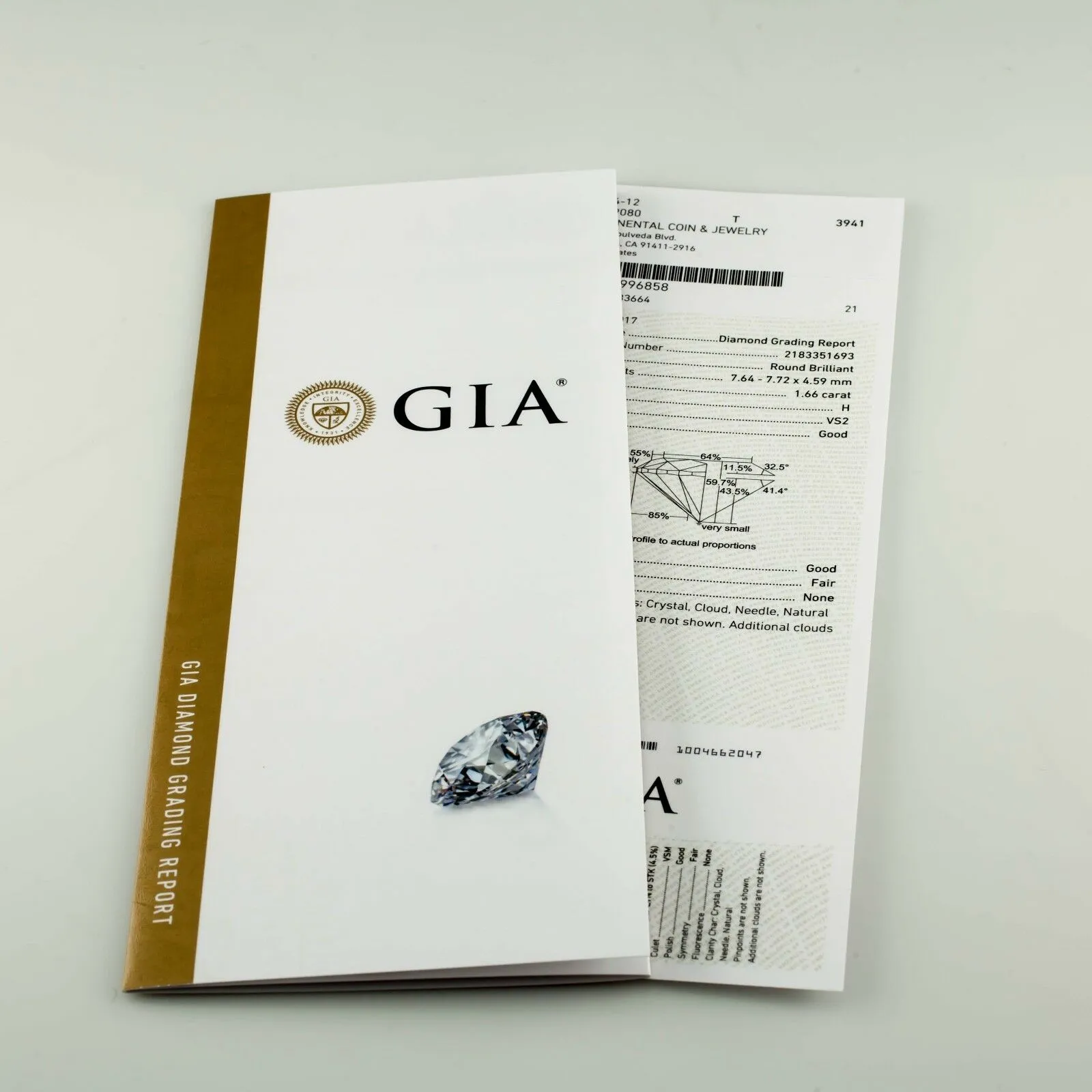 1.66 Carat Loose H / VS2 Round Brilliant Cut Diamond GIA Certified