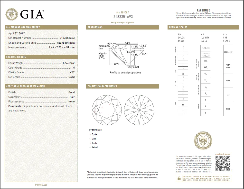 1.66 Carat Loose H / VS2 Round Brilliant Cut Diamond GIA Certified