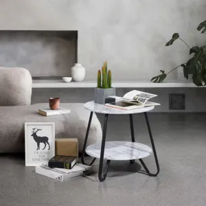 18.1" Small Round Coffee Table, 2-Tier End Table with Storage Bottom Shelf and Smooth Tabletop Surface, Wood Side Table Nightstand with Metal Legs for Living Room Bedroom, White