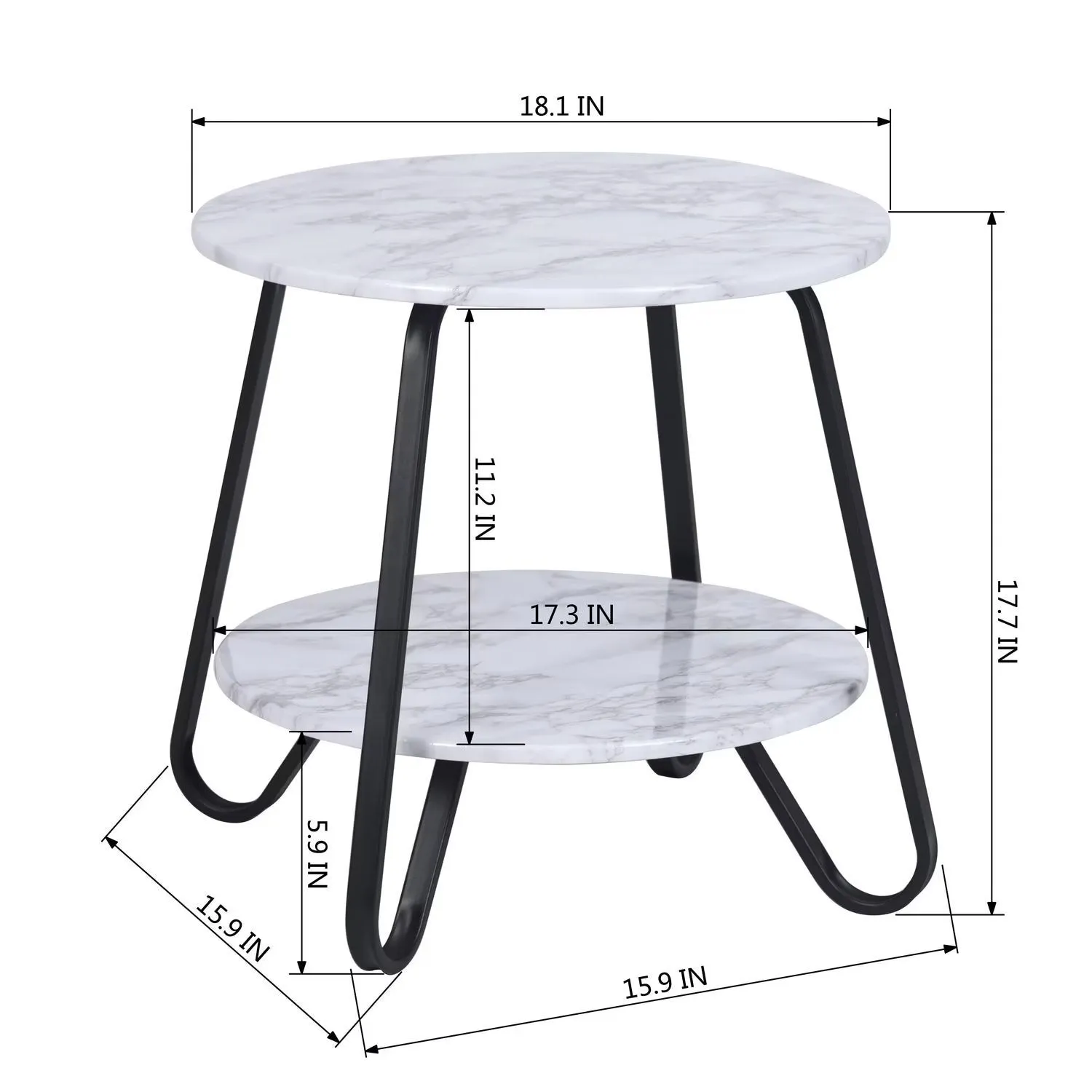 18.1" Small Round Coffee Table, 2-Tier End Table with Storage Bottom Shelf and Smooth Tabletop Surface, Wood Side Table Nightstand with Metal Legs for Living Room Bedroom, White