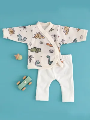 2 piece wrap top & trouser set, Cream Dino Buddies