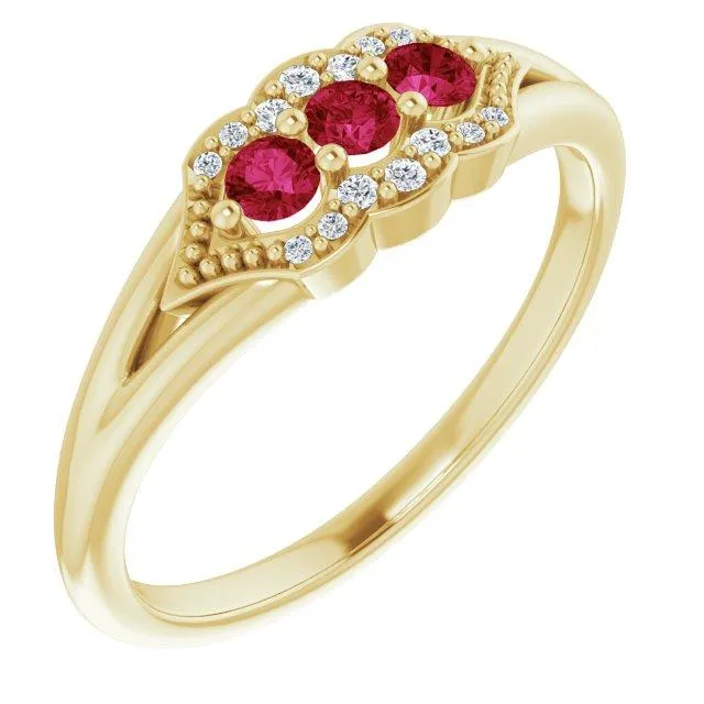 3 Gemstone Milgrain Lab-Grown Diamond Accent Stackable Ring