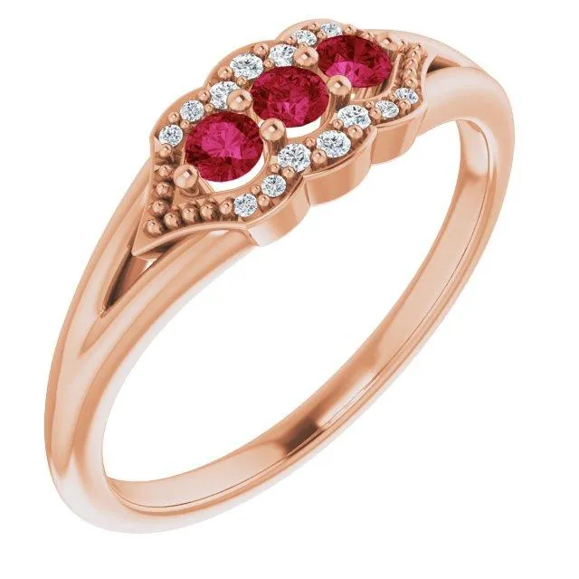 3 Gemstone Milgrain Lab-Grown Diamond Accent Stackable Ring