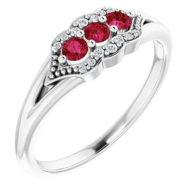 3 Gemstone Milgrain Lab-Grown Diamond Accent Stackable Ring