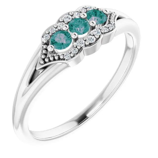 3 Gemstone Milgrain Lab-Grown Diamond Accent Stackable Ring