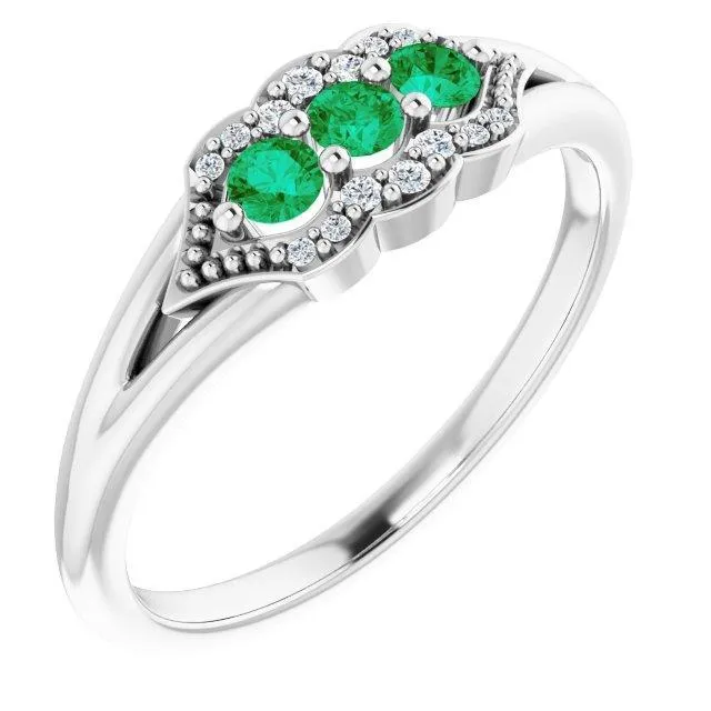 3 Gemstone Milgrain Lab-Grown Diamond Accent Stackable Ring
