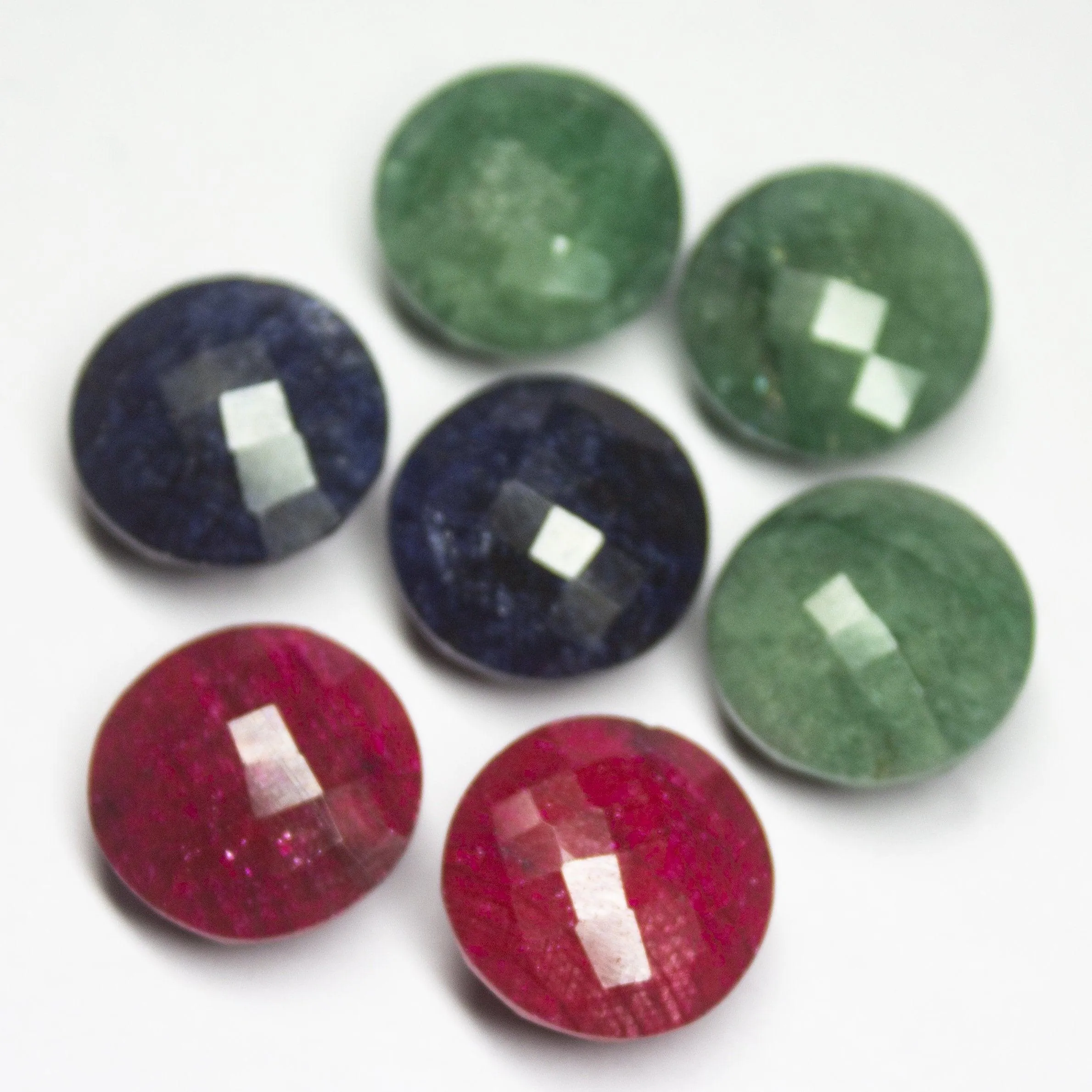 7pc, Natural Ruby Emerald Blue Sapphire Checker Cut Round Briolette Loose Gemstone Lot, Ruby, Emerald, Sapphire