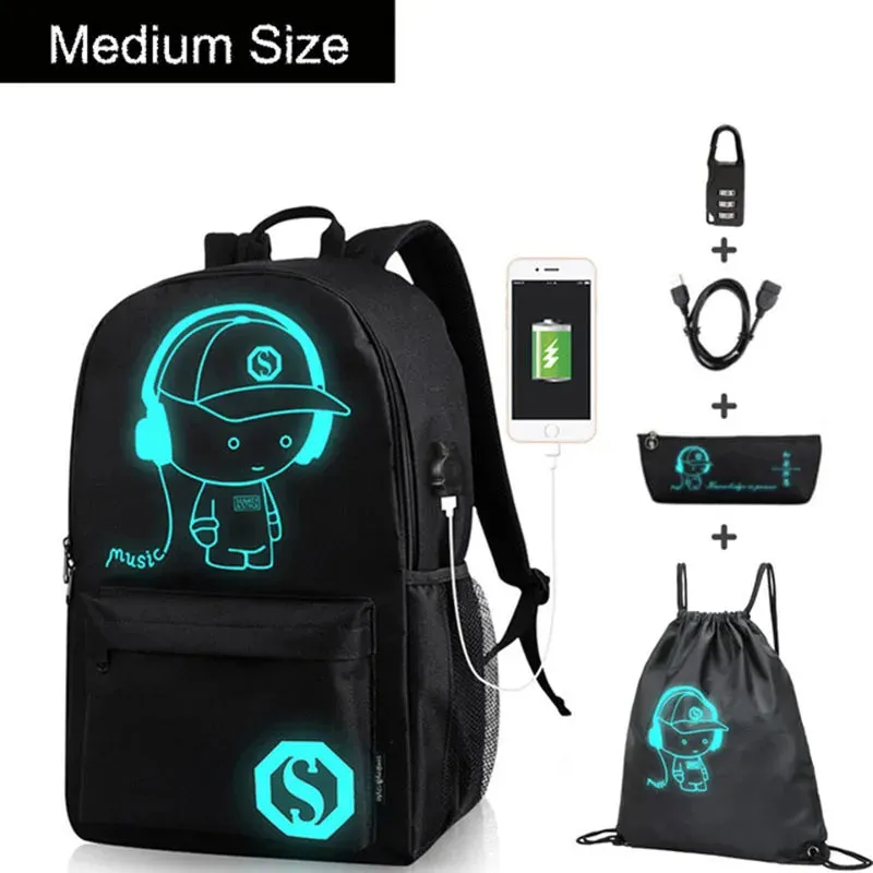Anime Luminous Oxford School Backpack Daypack Shoulder Under 15.6 inch with USB Charging Port and Lock School Bag for Boys Girls
