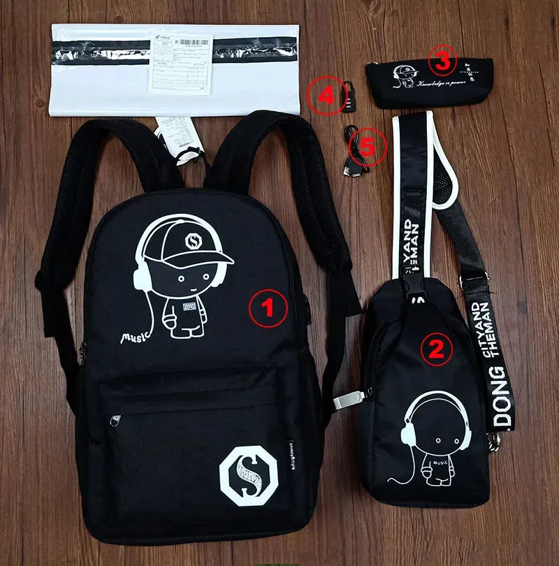 Anime Luminous Oxford School Backpack Daypack Shoulder Under 15.6 inch with USB Charging Port and Lock School Bag for Boys Girls
