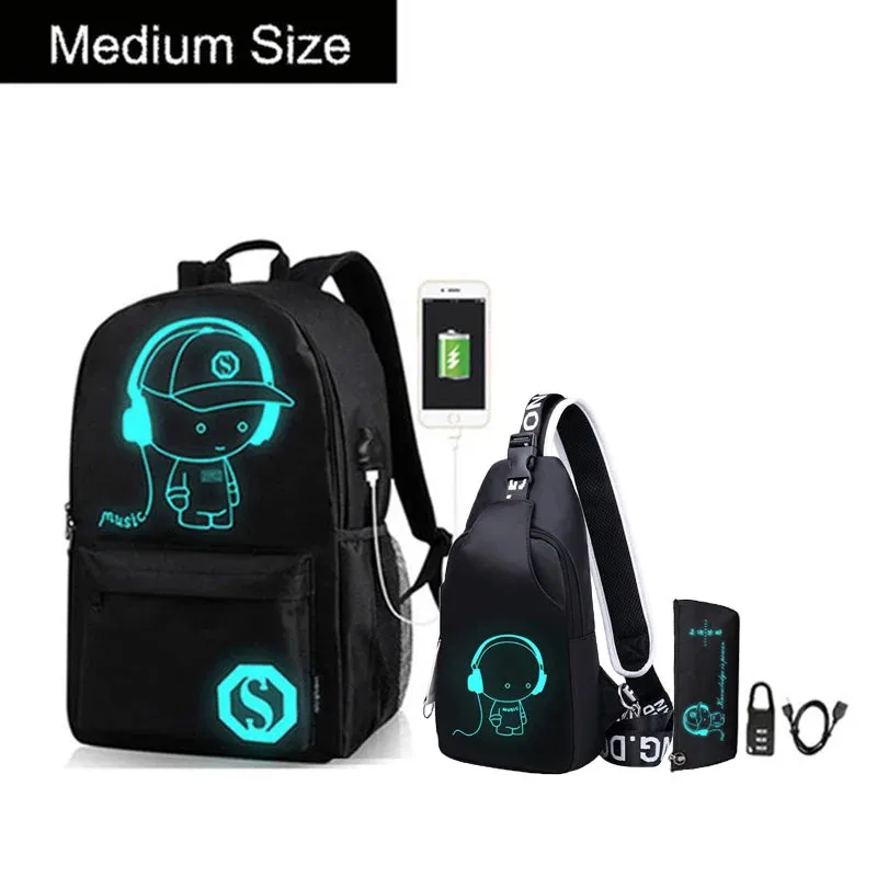 Anime Luminous Oxford School Backpack Daypack Shoulder Under 15.6 inch with USB Charging Port and Lock School Bag for Boys Girls