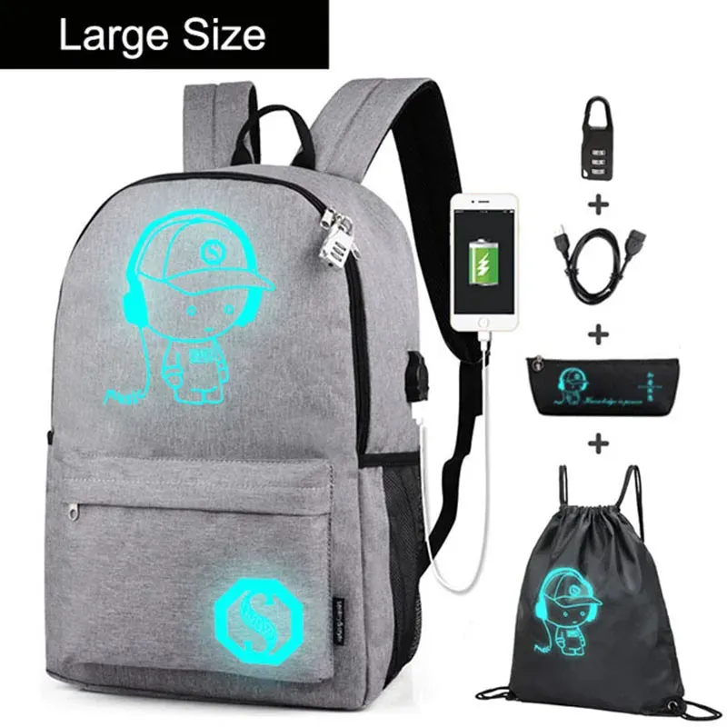 Anime Luminous Oxford School Backpack Daypack Shoulder Under 15.6 inch with USB Charging Port and Lock School Bag for Boys Girls