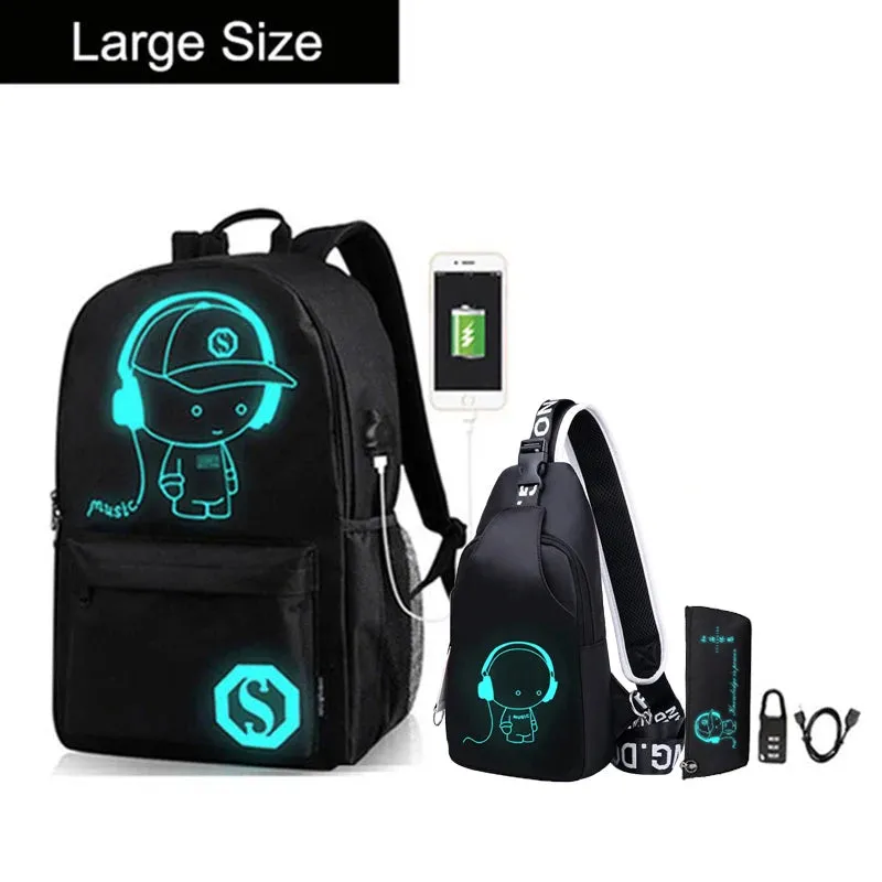 Anime Luminous Oxford School Backpack Daypack Shoulder Under 15.6 inch with USB Charging Port and Lock School Bag for Boys Girls