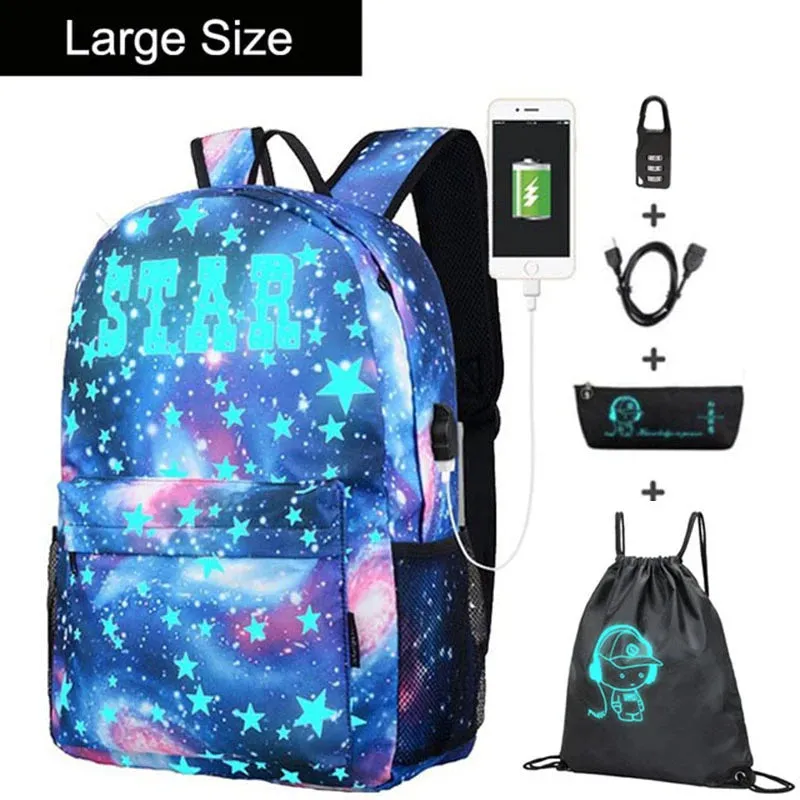 Anime Luminous Oxford School Backpack Daypack Shoulder Under 15.6 inch with USB Charging Port and Lock School Bag for Boys Girls