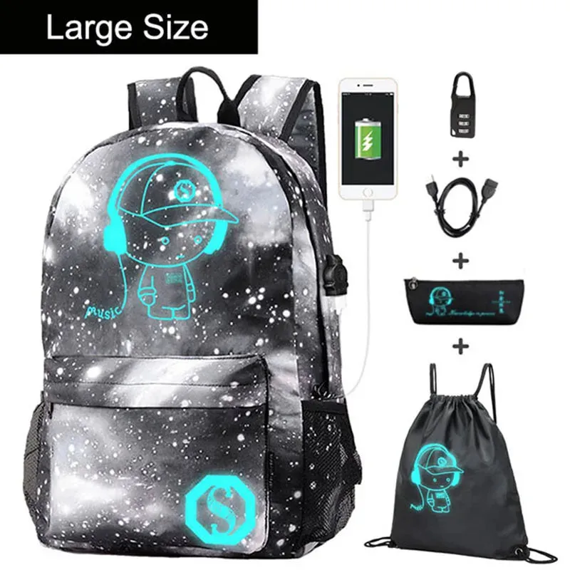 Anime Luminous Oxford School Backpack Daypack Shoulder Under 15.6 inch with USB Charging Port and Lock School Bag for Boys Girls