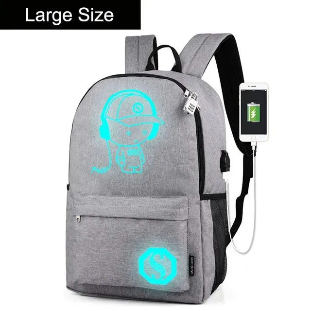Anime Luminous Oxford School Backpack Daypack Shoulder Under 15.6 inch with USB Charging Port and Lock School Bag for Boys Girls