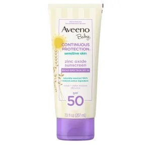 Aveeno Baby Continuous Protection Sensitive Skin Lotion Zinc Oxide Sunscreen with Broad Spectrum SPF 50, 7 Fl. Oz