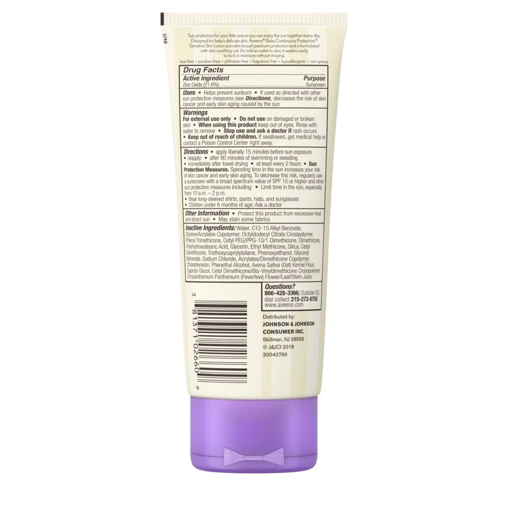 Aveeno Baby Continuous Protection Sensitive Skin Lotion Zinc Oxide Sunscreen with Broad Spectrum SPF 50, 7 Fl. Oz