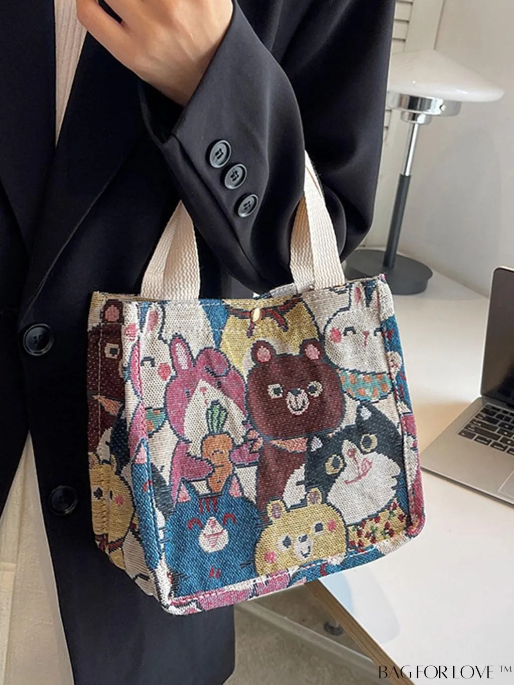BagForLove - Daily Use Small Square Bag with Double Handles - Cartoon Cat Pattern