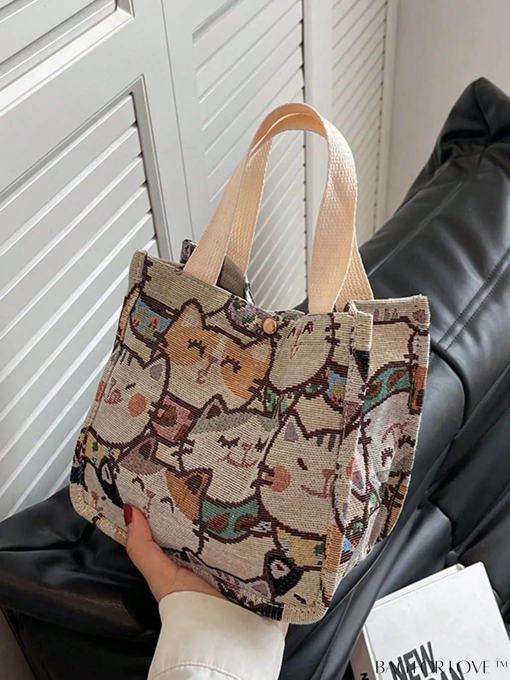 BagForLove - Daily Use Small Square Bag with Double Handles - Cartoon Cat Pattern