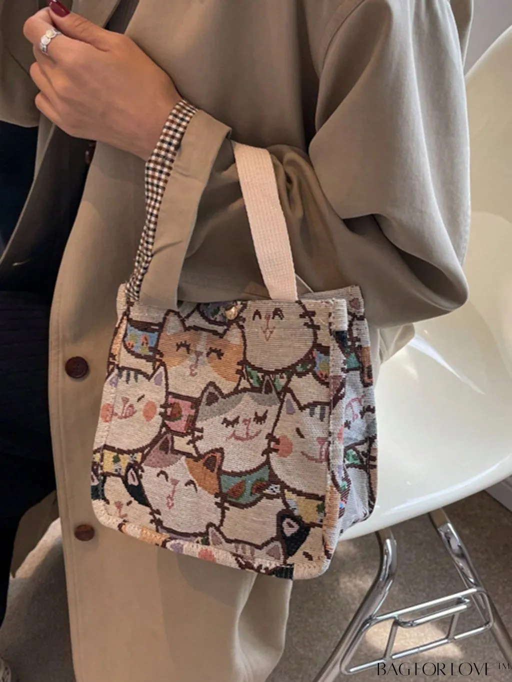 BagForLove - Daily Use Small Square Bag with Double Handles - Cartoon Cat Pattern