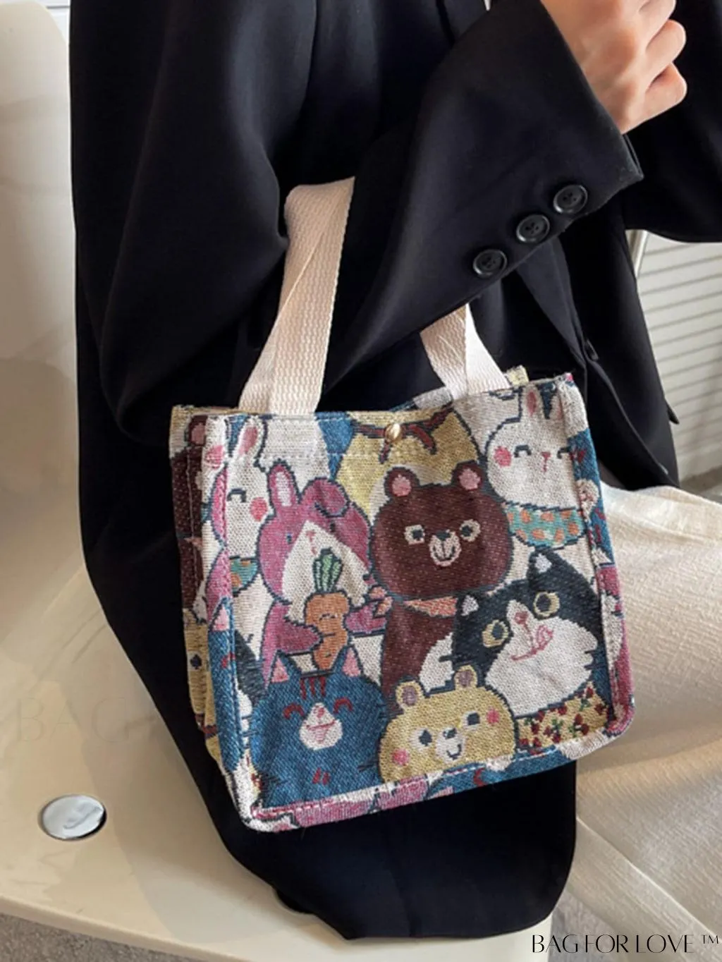 BagForLove - Daily Use Small Square Bag with Double Handles - Cartoon Cat Pattern