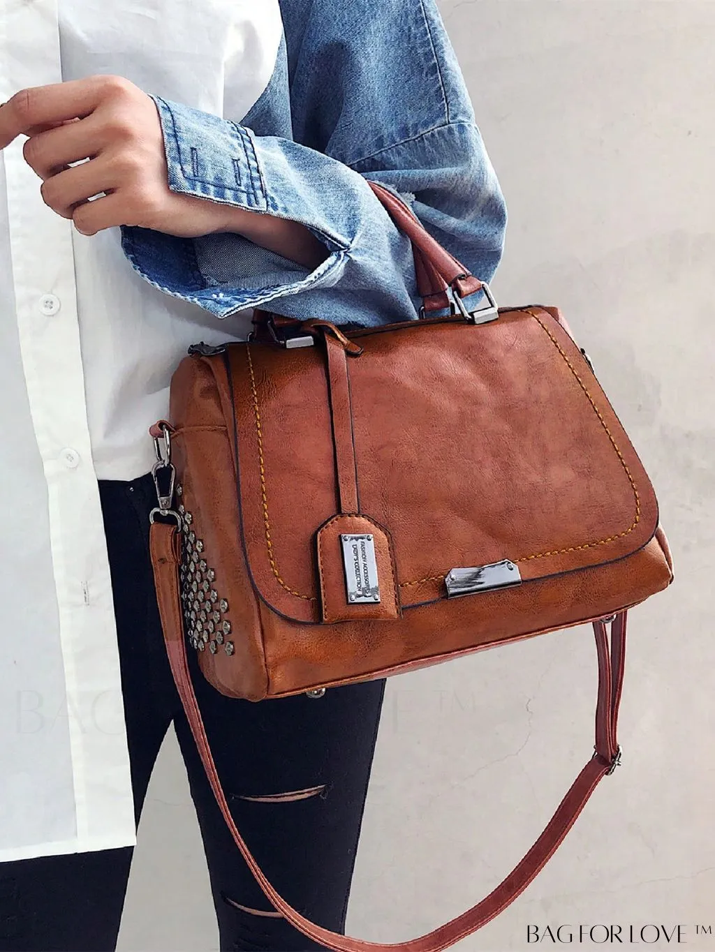 BagForLove - Stylish Brown Studded Square Bag with Double Handle - Ideal for Daily Use