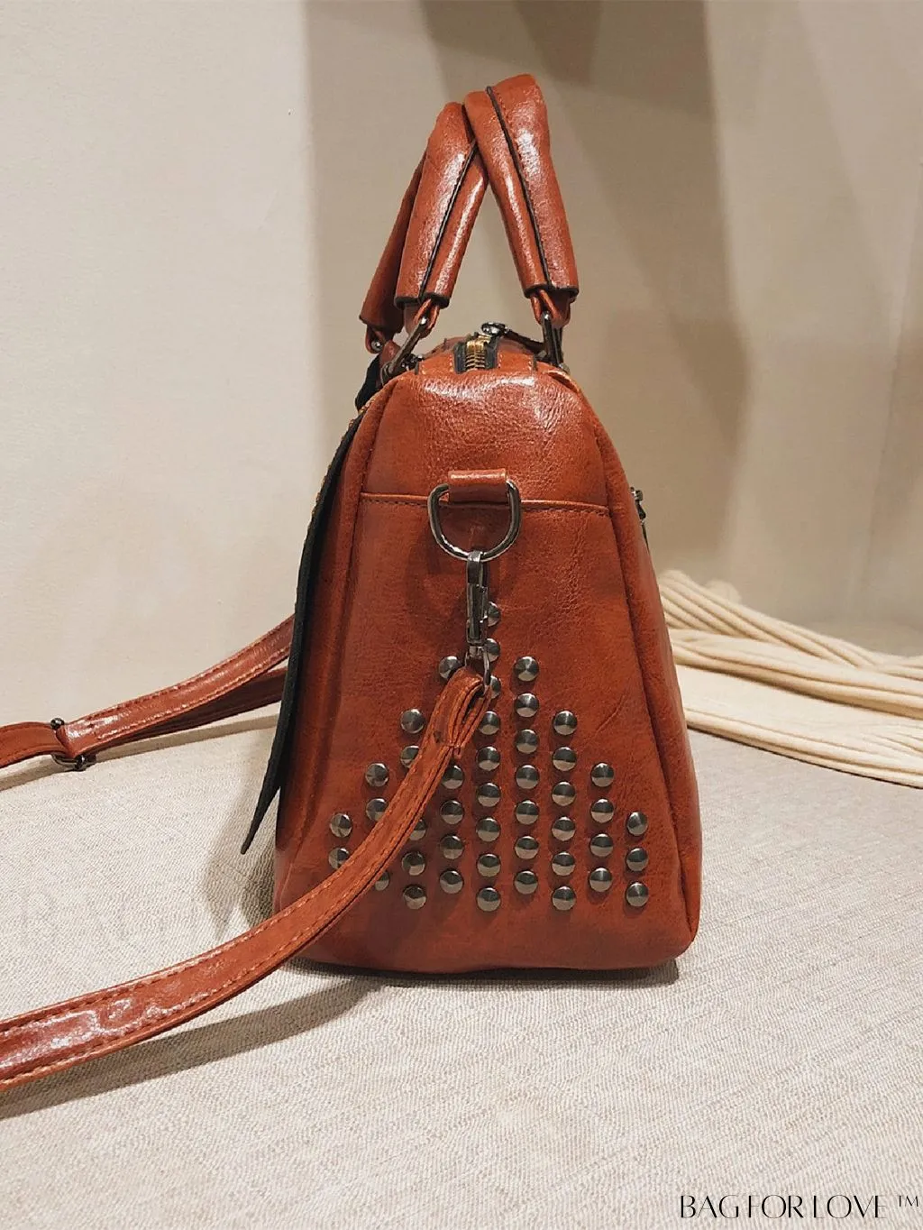 BagForLove - Stylish Brown Studded Square Bag with Double Handle - Ideal for Daily Use
