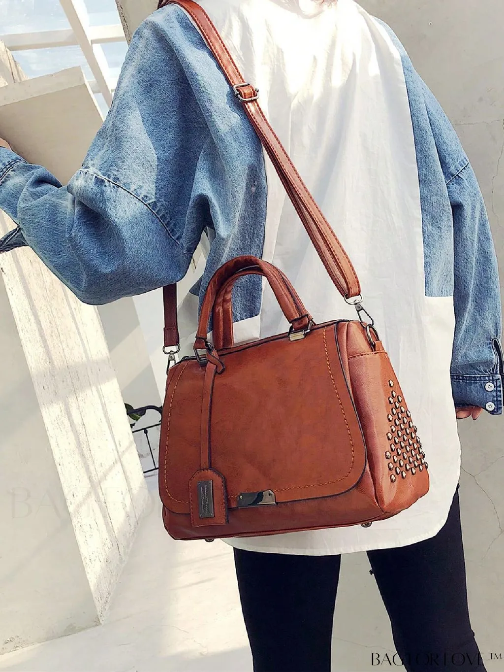 BagForLove - Stylish Brown Studded Square Bag with Double Handle - Ideal for Daily Use