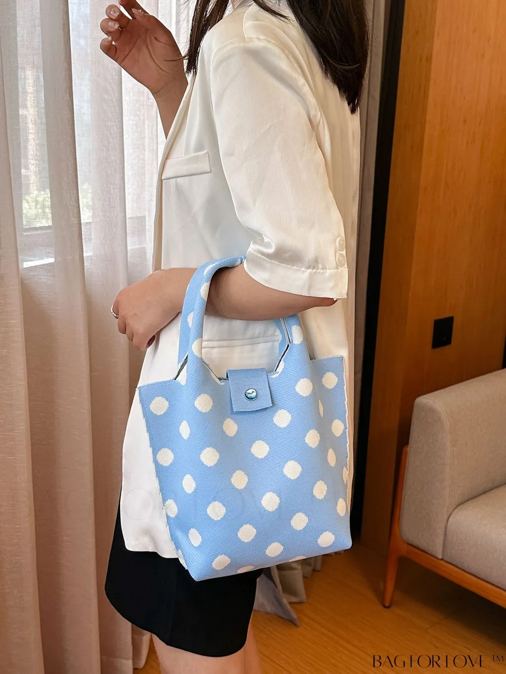 BagForLove - Stylish Polka Dot Crocheted Tote Bag Perfect for Daily Use & Vacation - Large Capacity