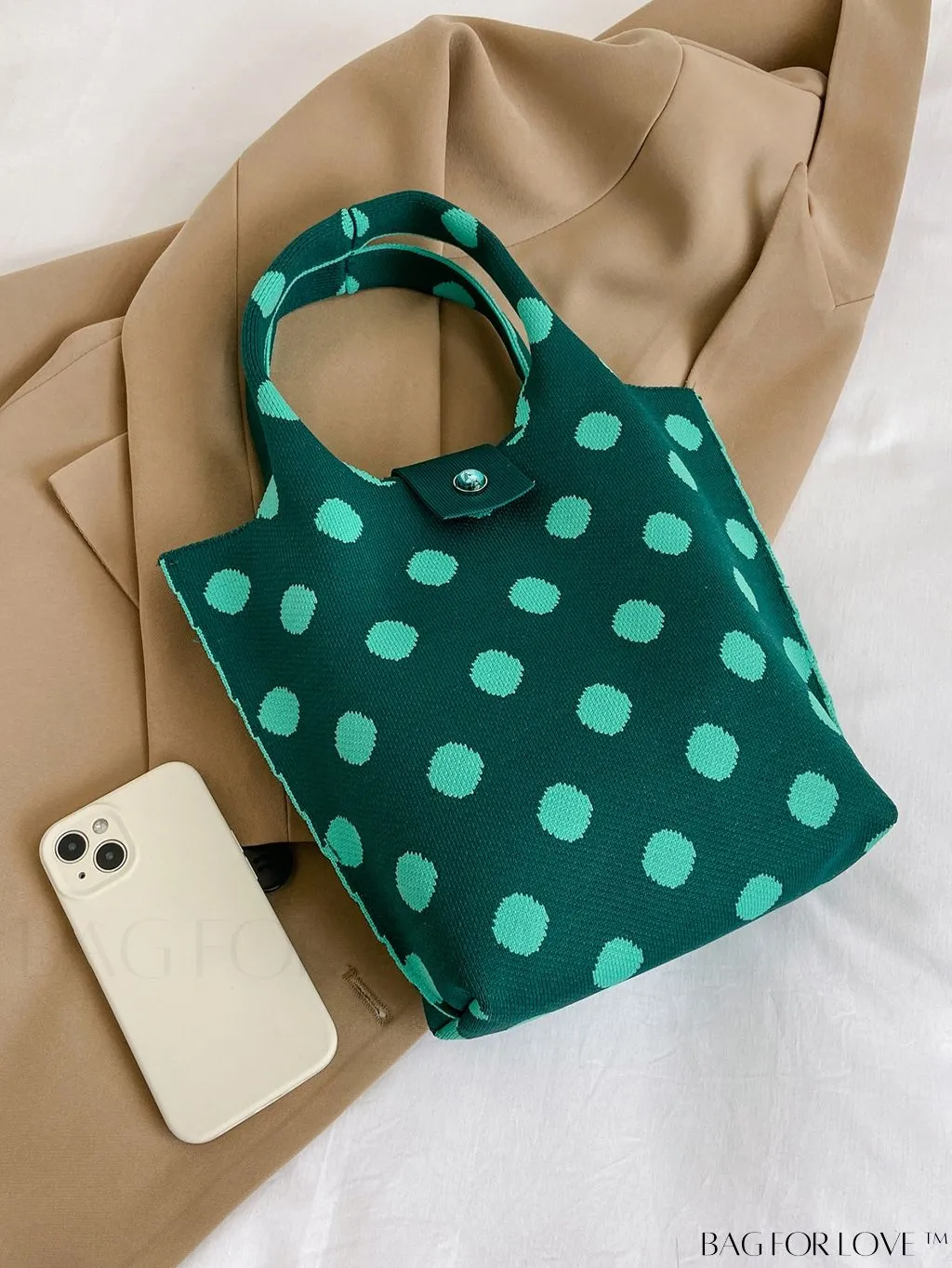 BagForLove - Stylish Polka Dot Crocheted Tote Bag Perfect for Daily Use & Vacation - Large Capacity
