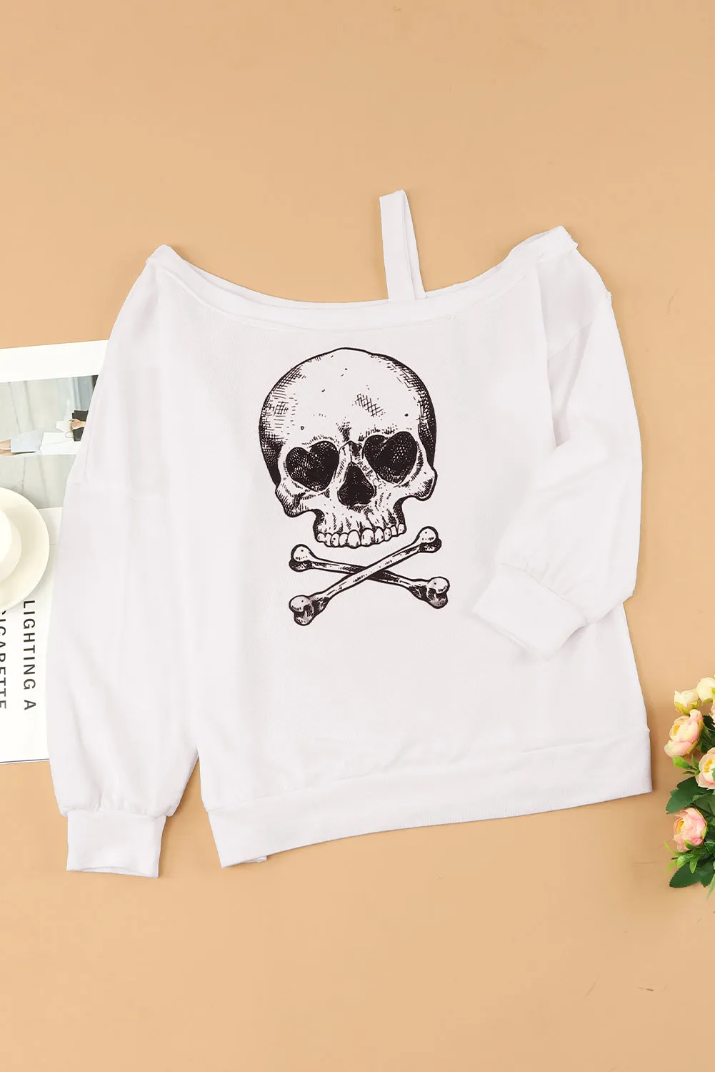 Beige Skull Print Cold Shoulder Long Sleeve Top