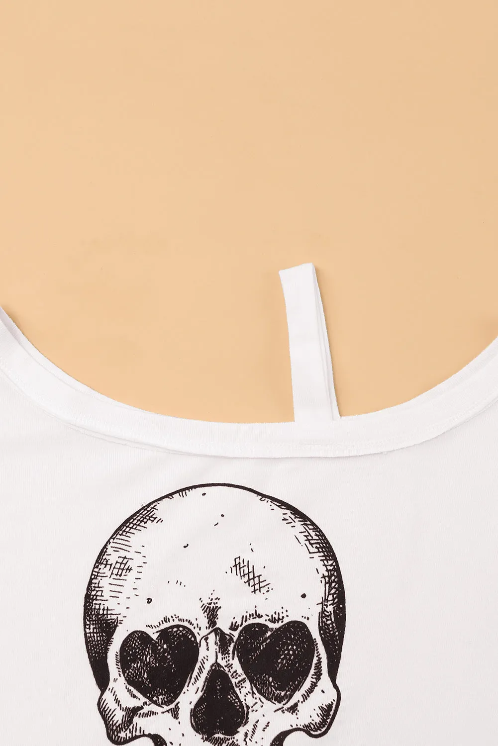 Beige Skull Print Cold Shoulder Long Sleeve Top