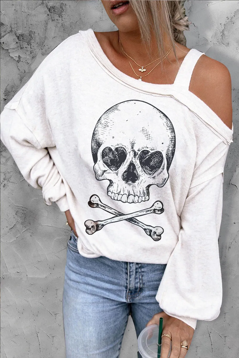 Beige Skull Print Cold Shoulder Long Sleeve Top