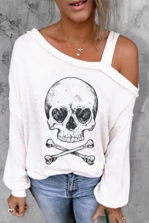 Beige Skull Print Cold Shoulder Long Sleeve Top