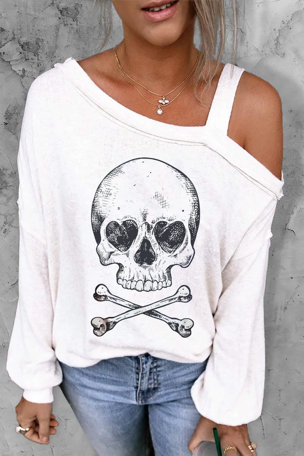 Beige Skull Print Cold Shoulder Long Sleeve Top