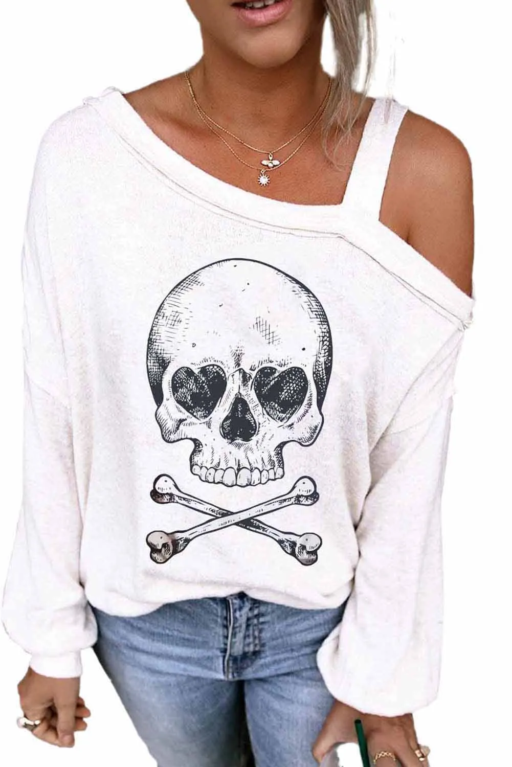 Beige Skull Print Cold Shoulder Long Sleeve Top