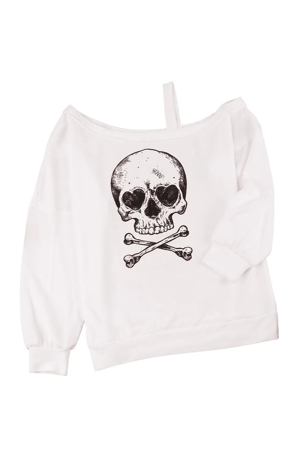 Beige Skull Print Cold Shoulder Long Sleeve Top