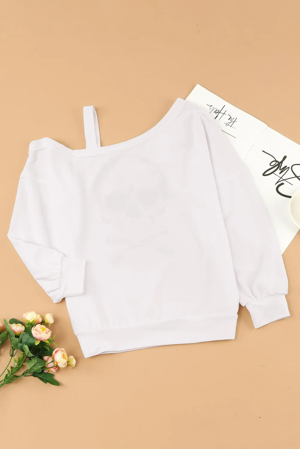 Beige Skull Print Cold Shoulder Long Sleeve Top