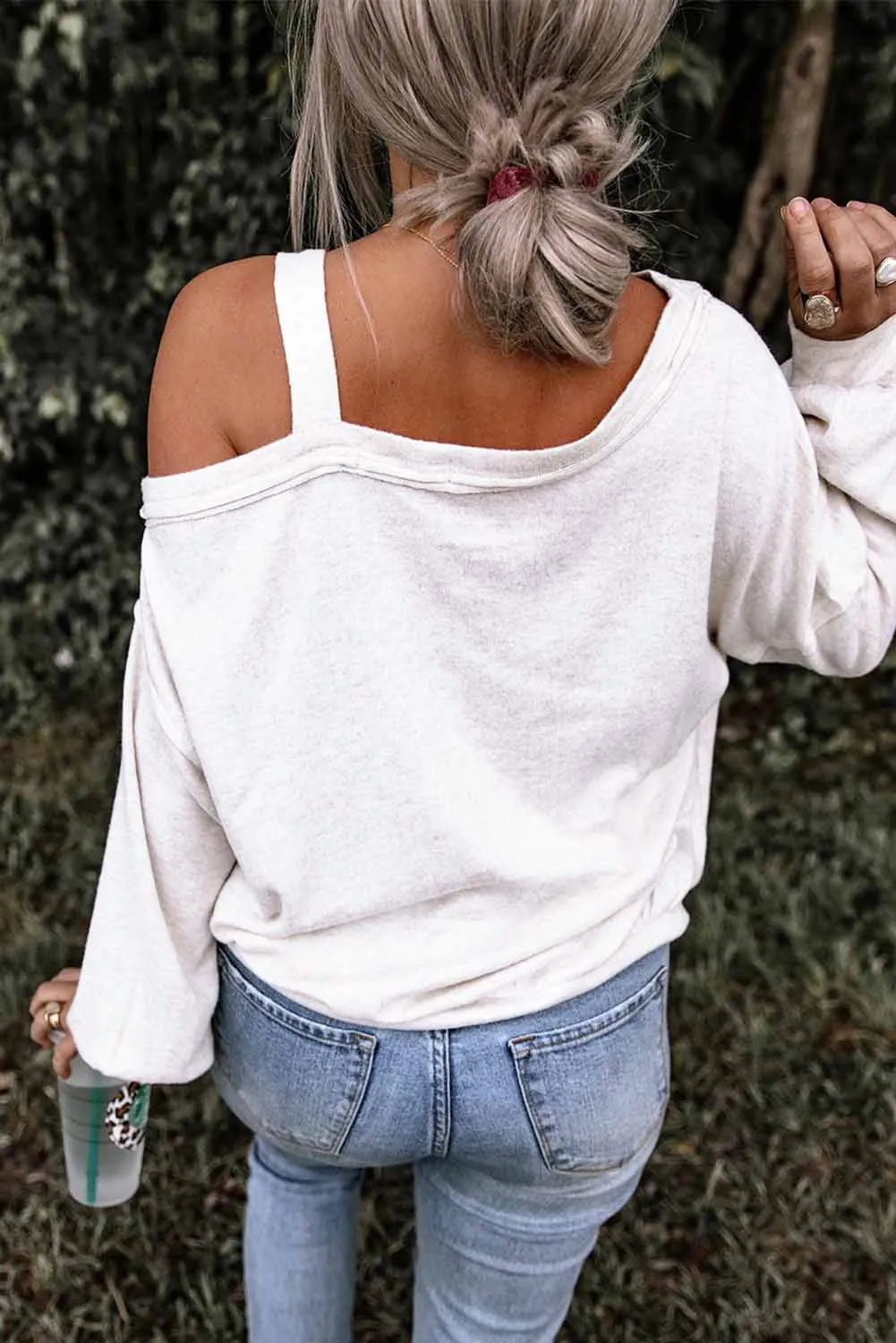 Beige Skull Print Cold Shoulder Long Sleeve Top