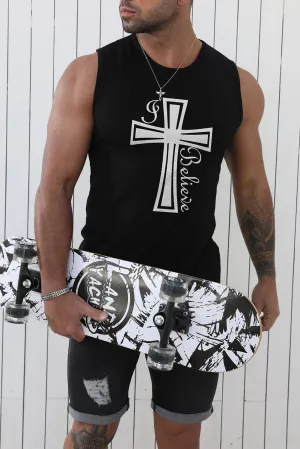 Black Believe Cross Pattern Printed Muscle Fit Men's Tank Top