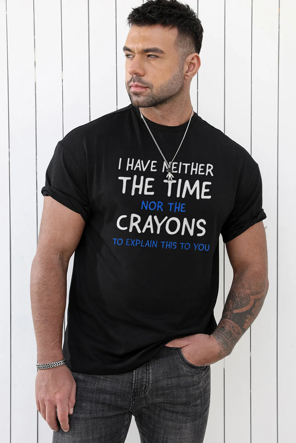 Black CRAYONS Letter Print O-neck Short Sleeve Men's T Shirt