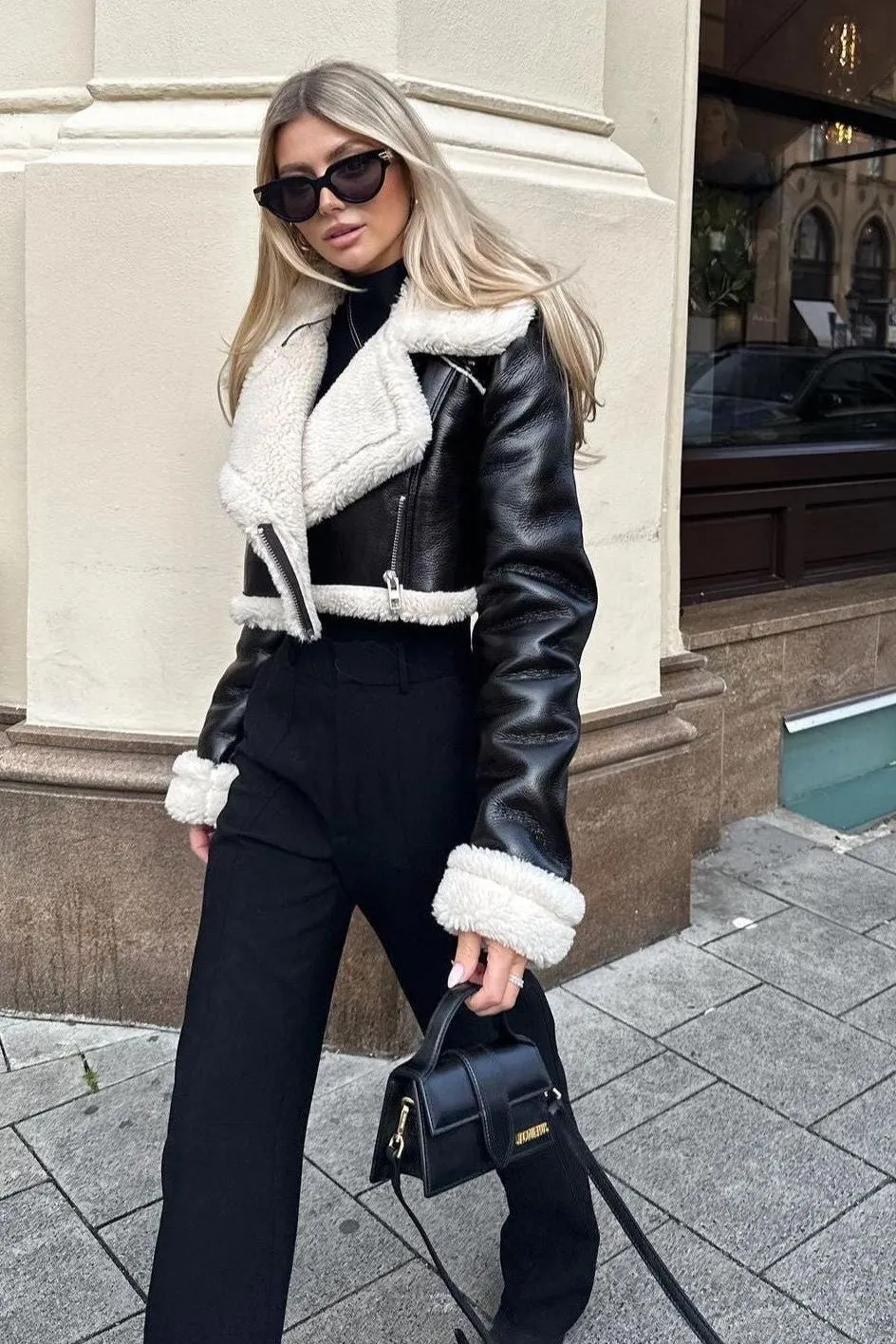 Black leather short street  jacket