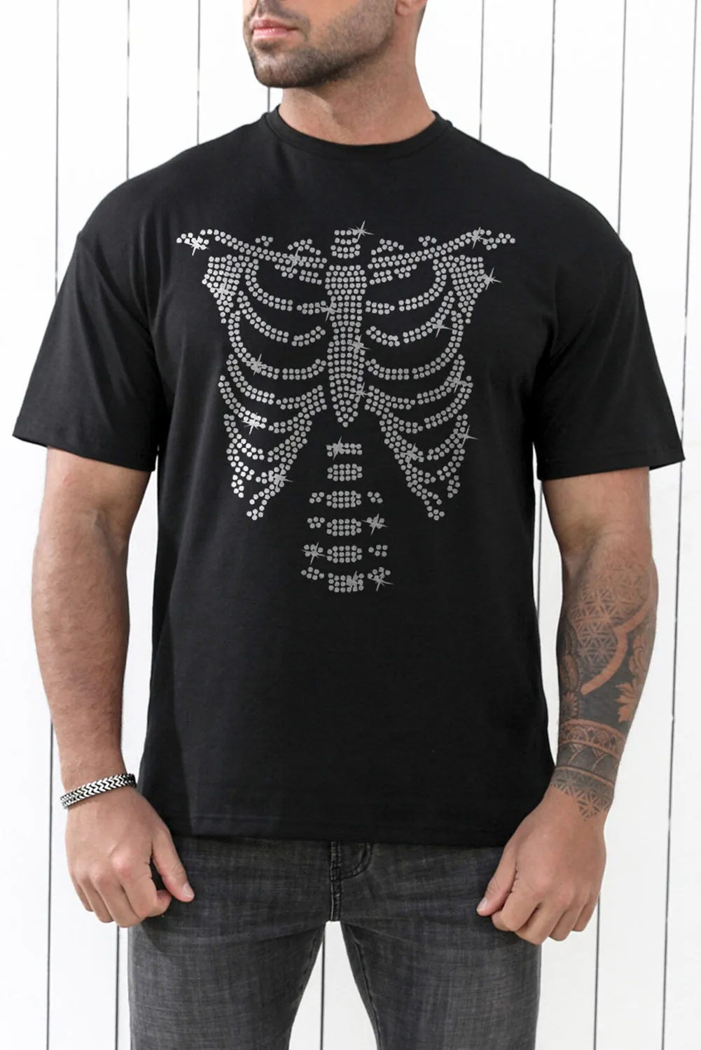 Black Men's Skeleton Graphic Print Drop Sleeve Crew Neck T Shirt